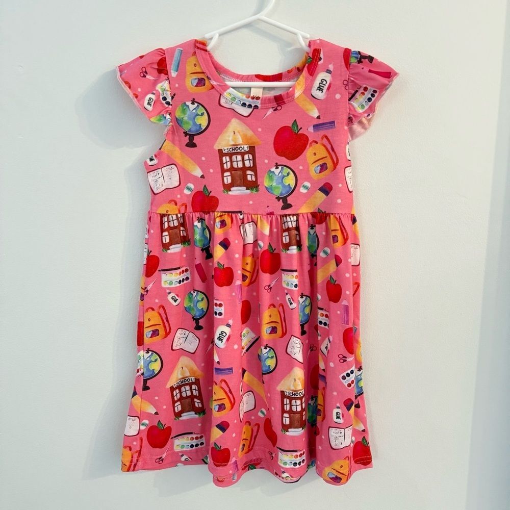 Kids Back to School Themed Dress Pre-K Kindergarten Preschool 4/5T Girls Pink